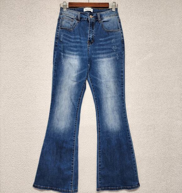 Kaya Denim Denim - Kaya Womens Flare Jeans Size S 26x30 Blue Medium Wash Distressed Stretch Boho